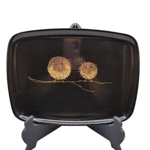 Couroc Puffy Owls on Branch Rectangular Tray Hand Inlaid Wood Spikey Birds